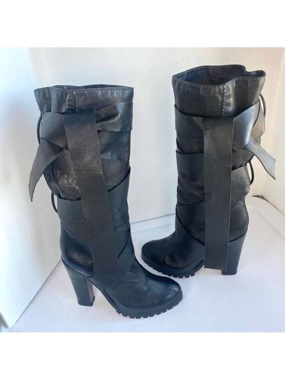 Designer Chloe Tall Leather Boots Black Heeled Lug Sole Women’s 7.5 Strappy